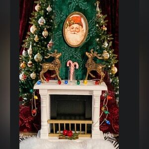 Mini White Holiday Mantel with Red Accents and Gold Reindeer